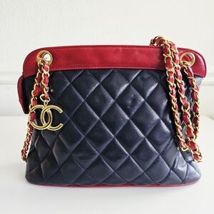 Chanel Navy Blue & Red Quilted 3-Way Leather Bag